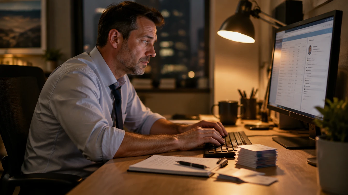 Scena illustrativa: la sera in ufficio, un commerciale da solo alla scrivania aggiorna il CRM con biglietti da visita e appunti accanto alla tastiera.