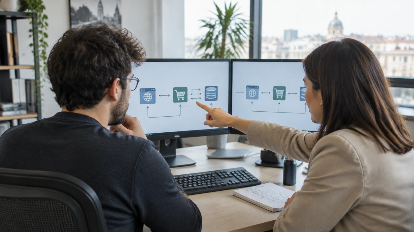 Scena illustrativa: uno sviluppatore e un responsabile davanti a due monitor con lo schema dei flussi tra sito, e-commerce e CRM.