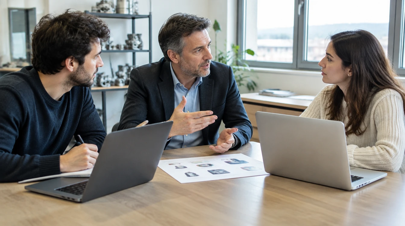 Scena illustrativa: il titolare di una PMI e due collaboratori attorno a un tavolo con portatili e un documento, discutono quali strumenti adottare.