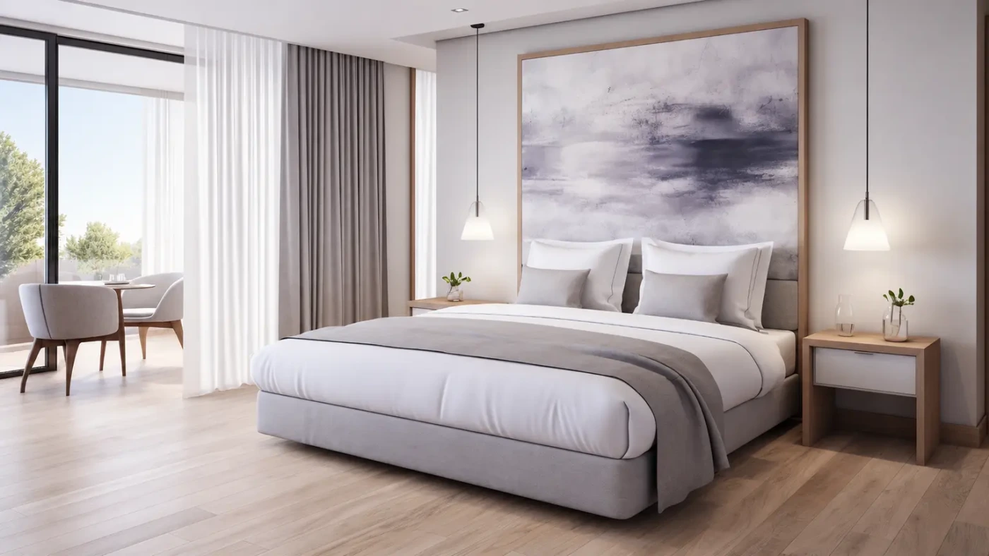 Camera d’albergo luminosa con letto matrimoniale, comodini e un angolo con tavolino davanti alla vetrata.