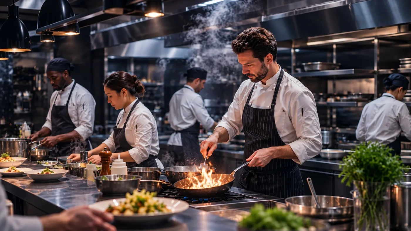 Nella cucina di un ristorante, lo chef salta in padella mentre la brigata prepara i piatti del servizio.
