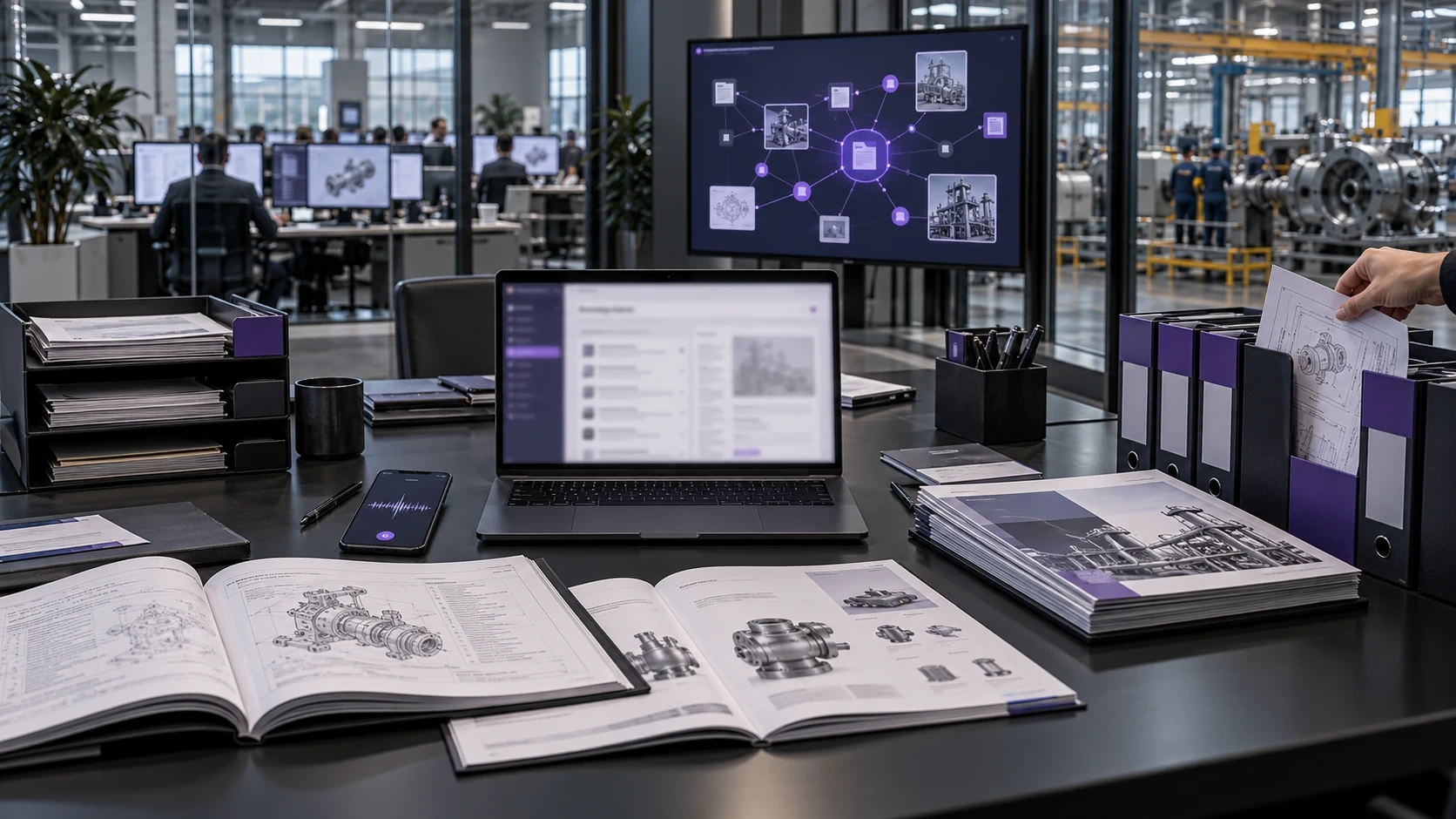 Scrivania con cataloghi tecnici, schede prodotto e raccoglitori; sul portatile e sul monitor l’archivio dei materiali aziendali collegati tra loro.
