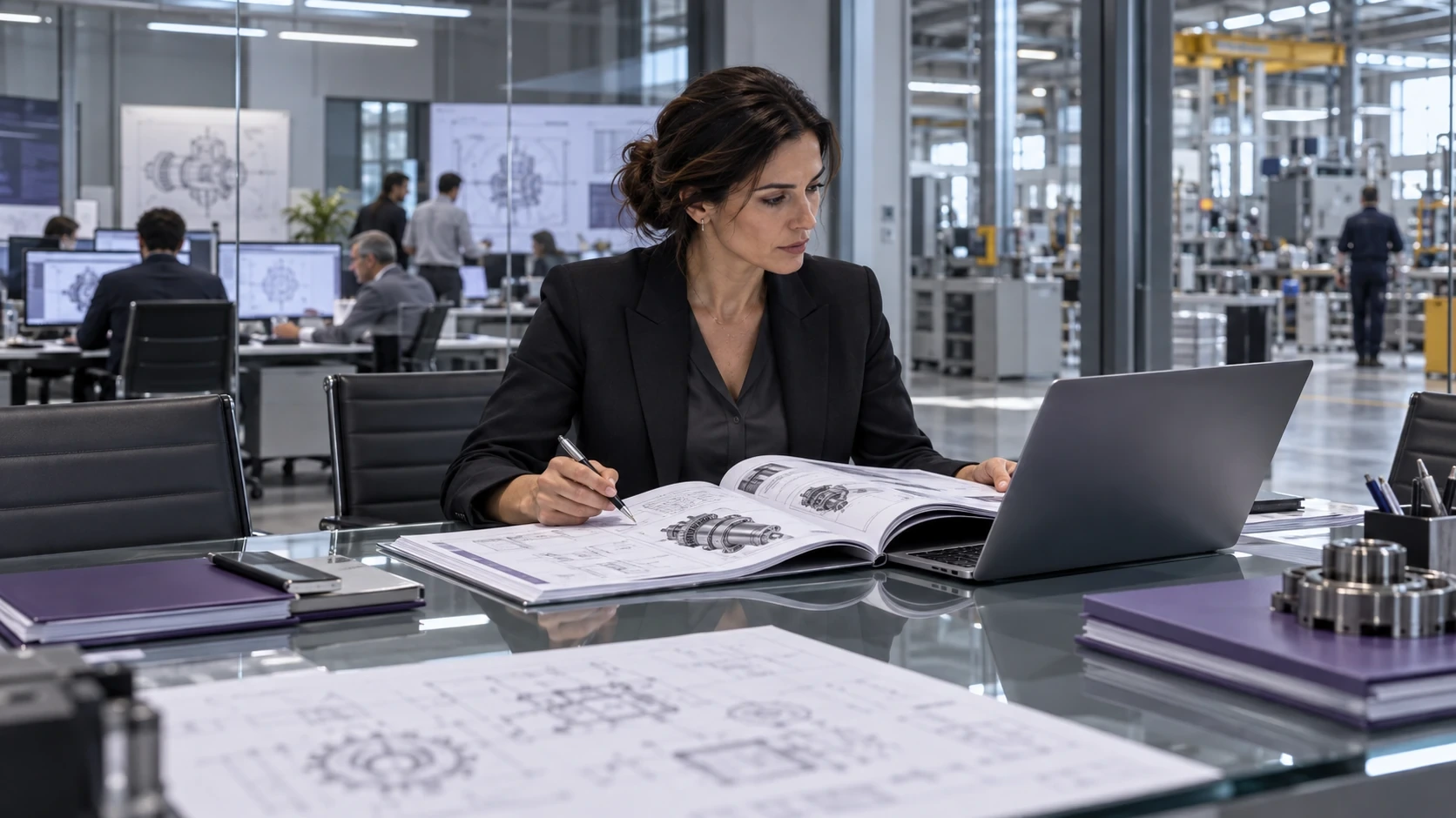 In un ufficio tecnico affacciato sul reparto produttivo, una responsabile consulta un catalogo di componenti meccanici accanto al portatile.