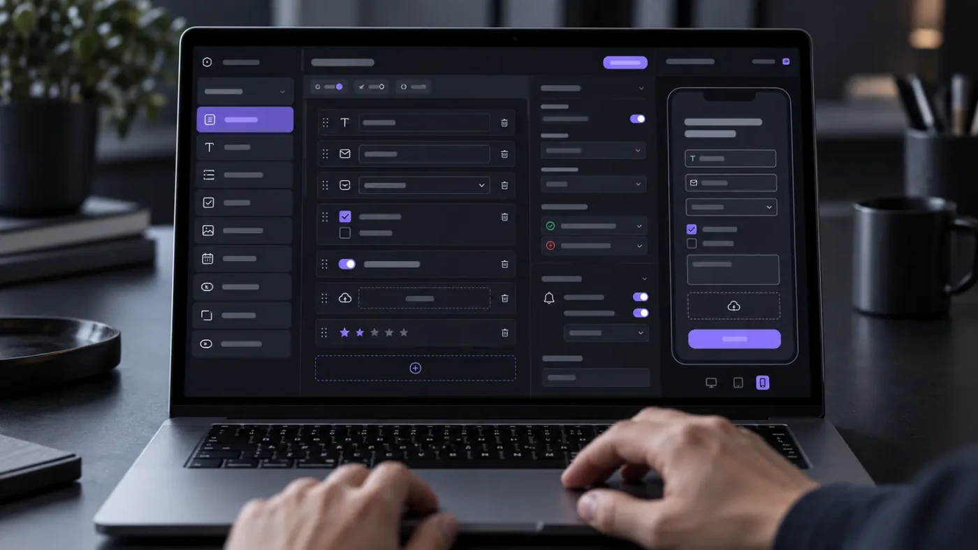 Portatile aperto sull’editor di Form Builder: l’elenco dei campi del modulo, le impostazioni e l’anteprima su smartphone.