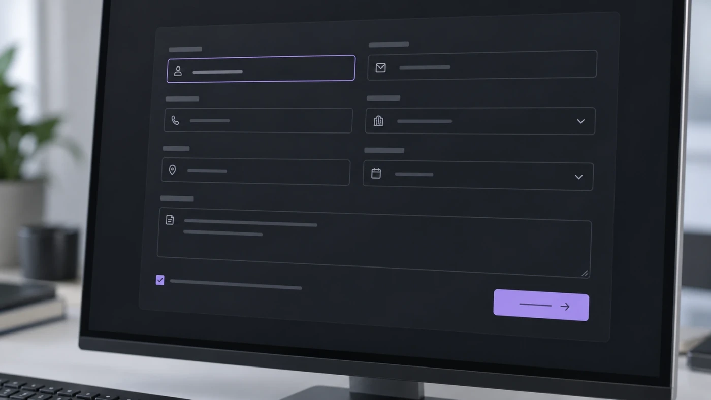 Schermata concettuale di Form Builder in tema scuro: l’editor visuale dei campi del modulo.