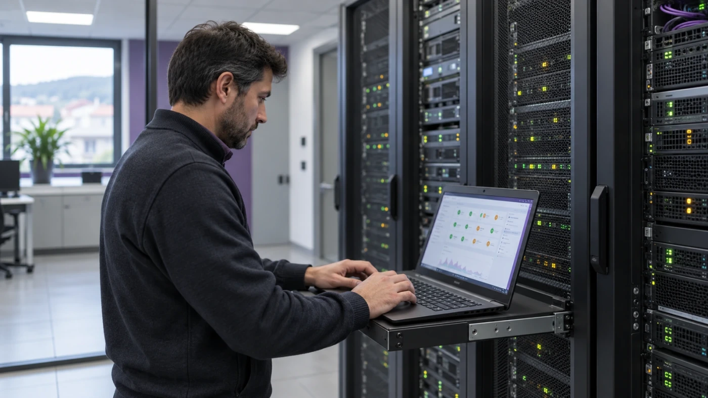 Un tecnico nella sala server controlla lo stato dell’infrastruttura.