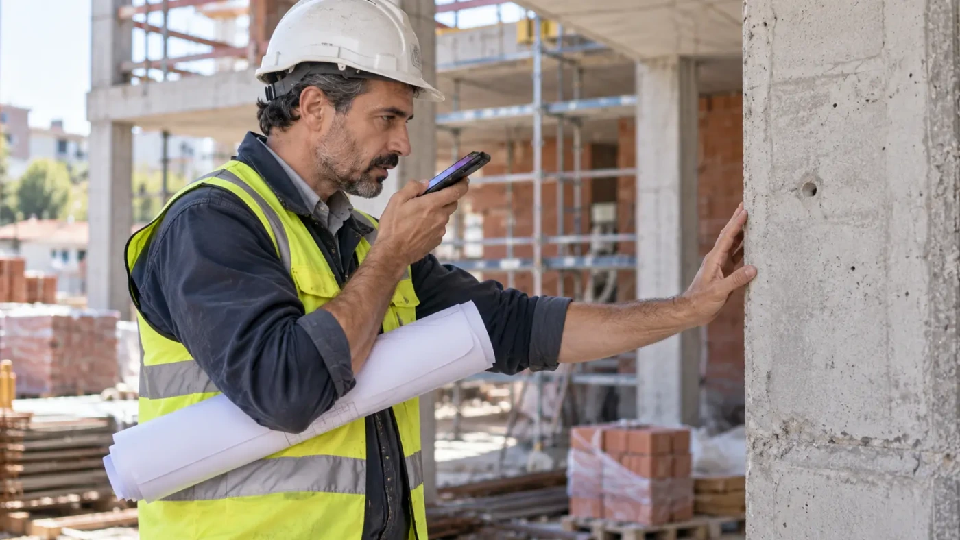 In un cantiere edile, un geometra con casco e gilet ad alta visibilità detta una nota vocale al telefono, con i disegni sotto il braccio.