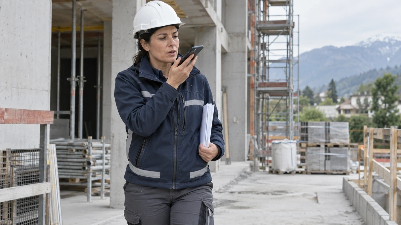Un geometra in cantiere consulta dal telefono interventi, foto e appunti del cliente.