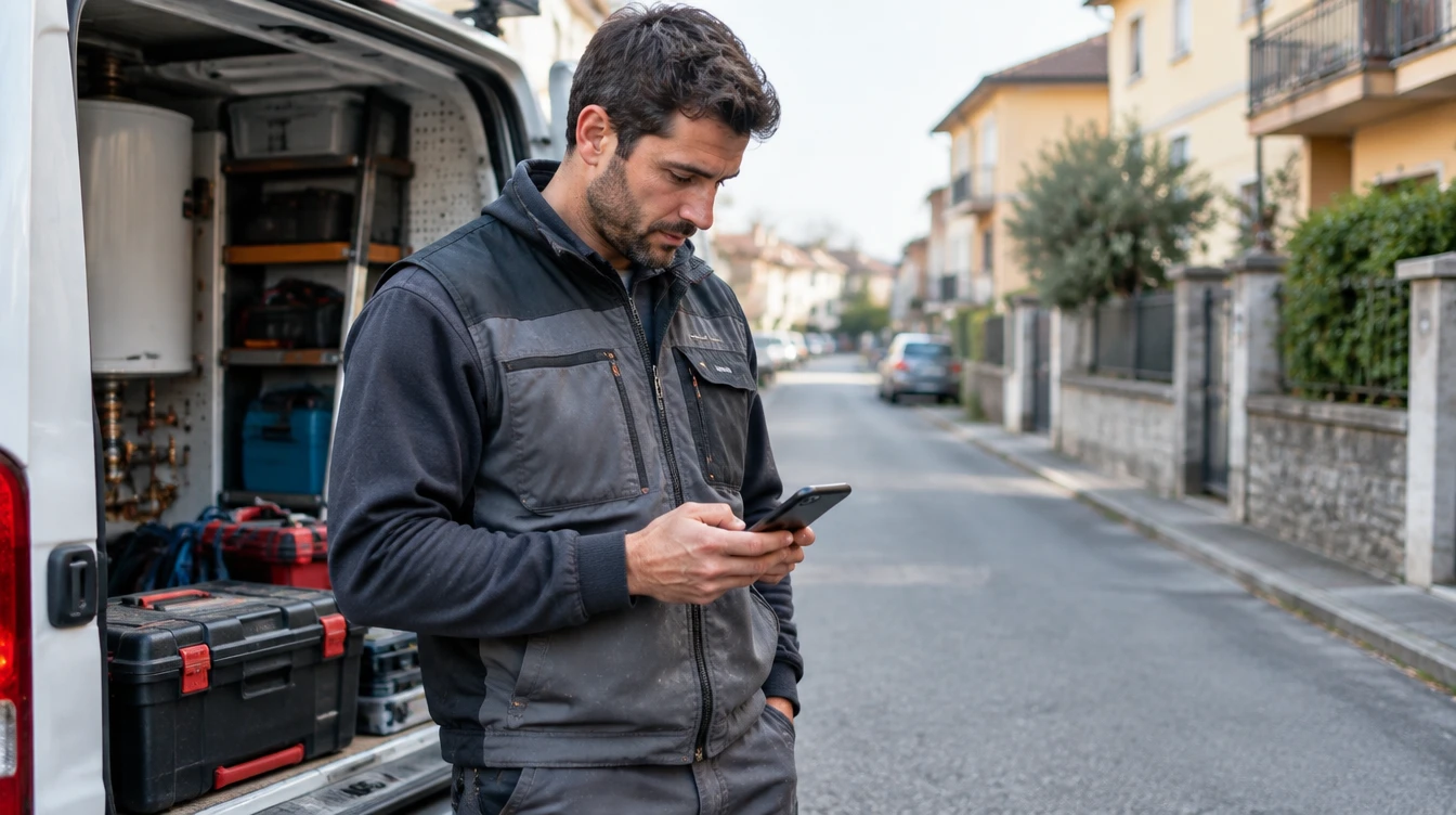 Scena illustrativa: un tecnico accanto al furgone controlla gli interventi della giornata sul telefono.
