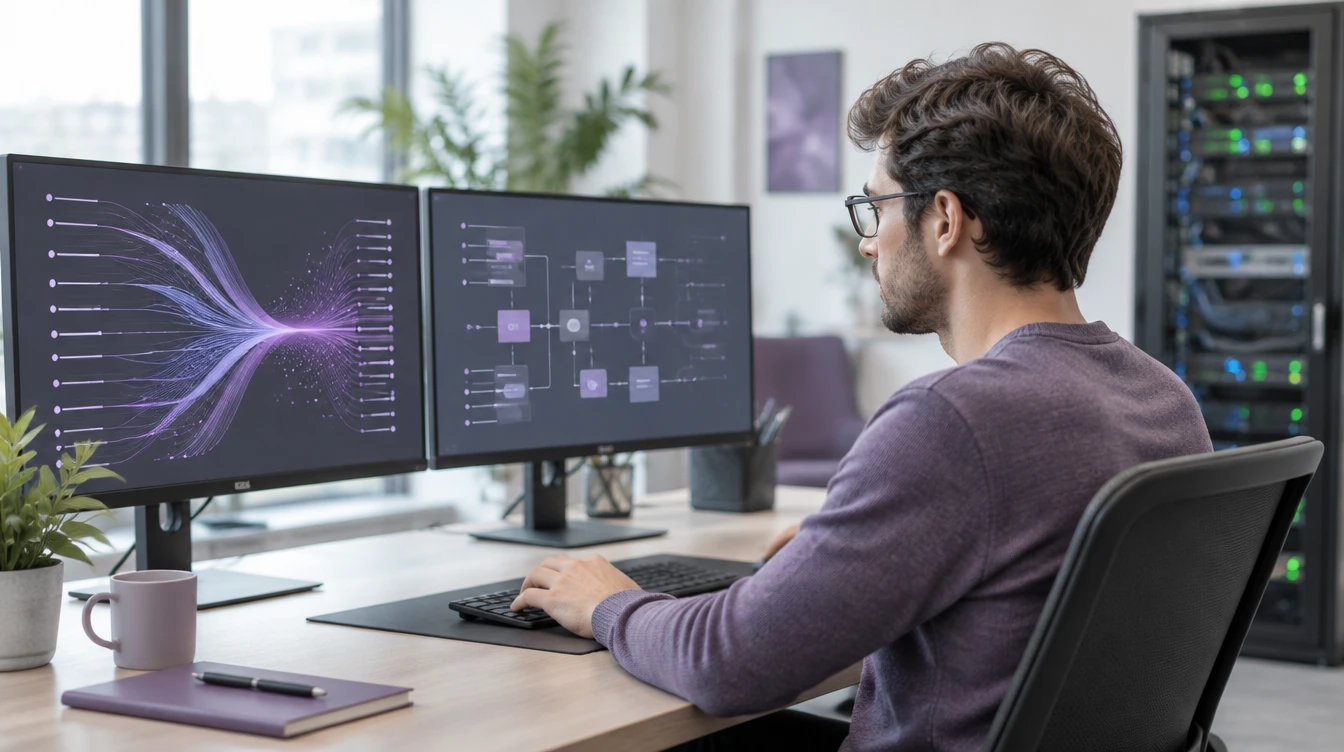 Scena illustrativa: uno specialista IT alla scrivania con due monitor.