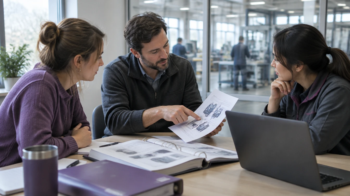 Scena illustrativa: riunione operativa in azienda davanti a documenti e procedure.