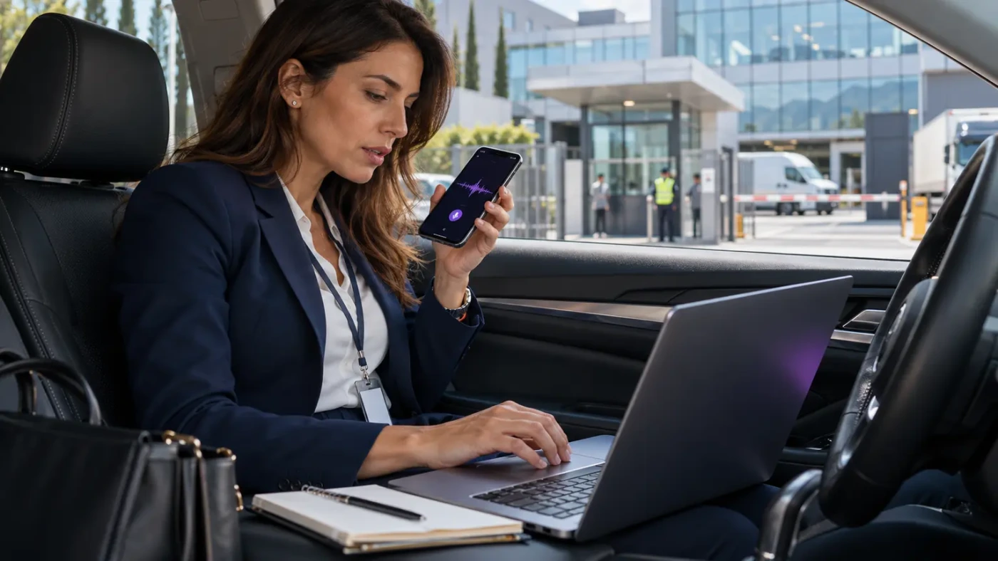 In auto davanti alla sede di un cliente, una commerciale detta una nota vocale al telefono con il portatile aperto.