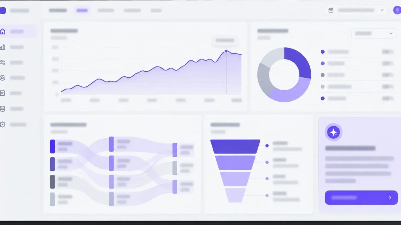 Schermata concettuale di Smart Insight AI: andamento delle visite, ripartizione delle fonti, percorsi degli utenti, imbuto di conversione e un consiglio dell’assistente.